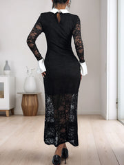 LIZAKOSHT  -  Perfee Lace Contrast Collared Neck Long Sleeve Midi Dress