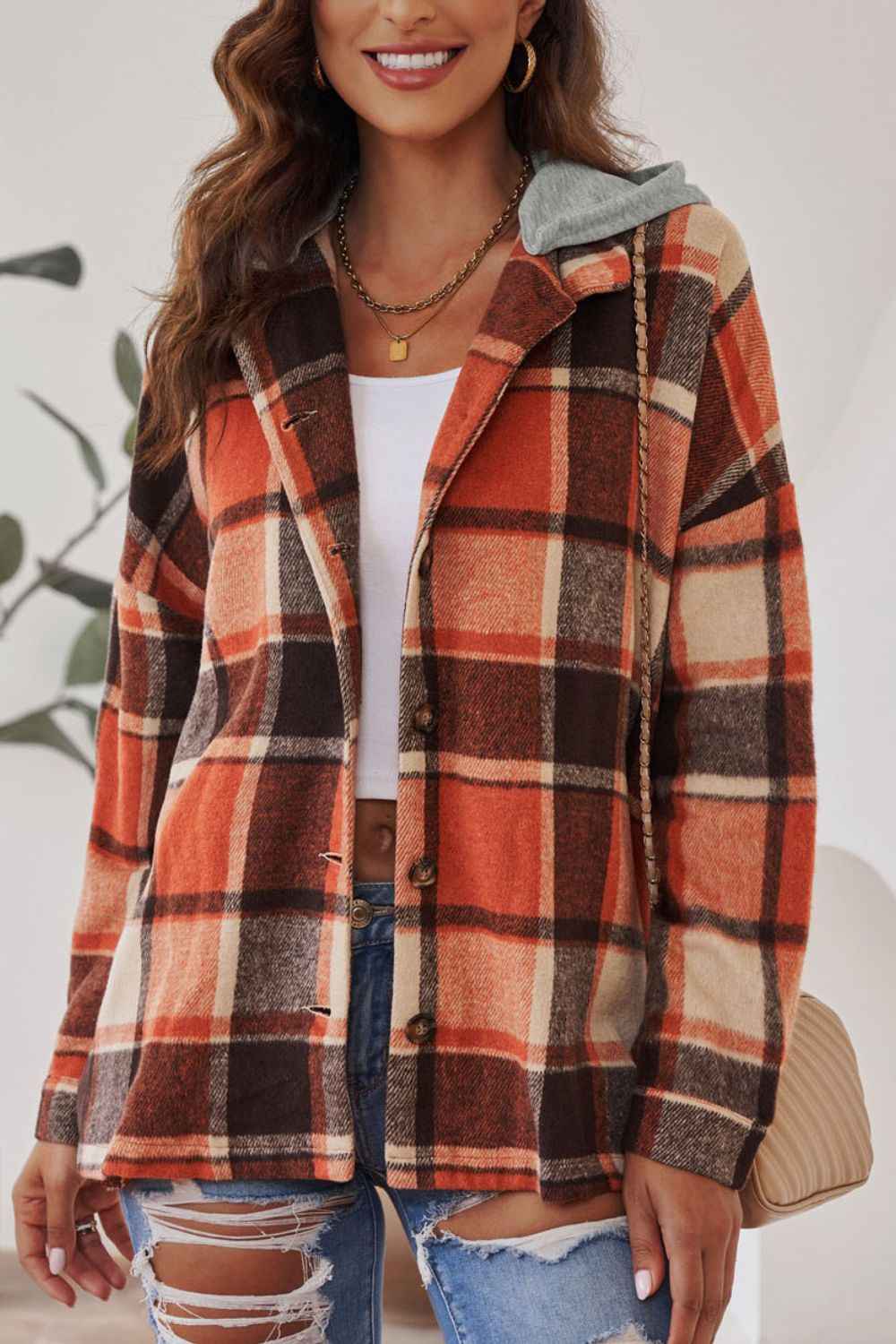 LIZAKOSHT  -  Plaid Button Up Hooded Shacket