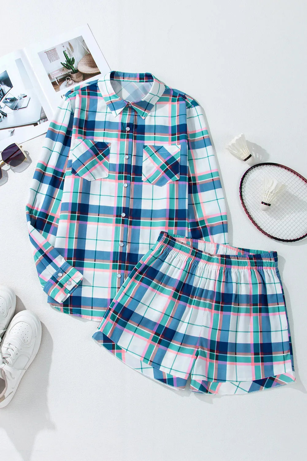 LIZAKOSHT  -  Plaid Snap Down Long Sleeve Top and Shorts Lounge Set