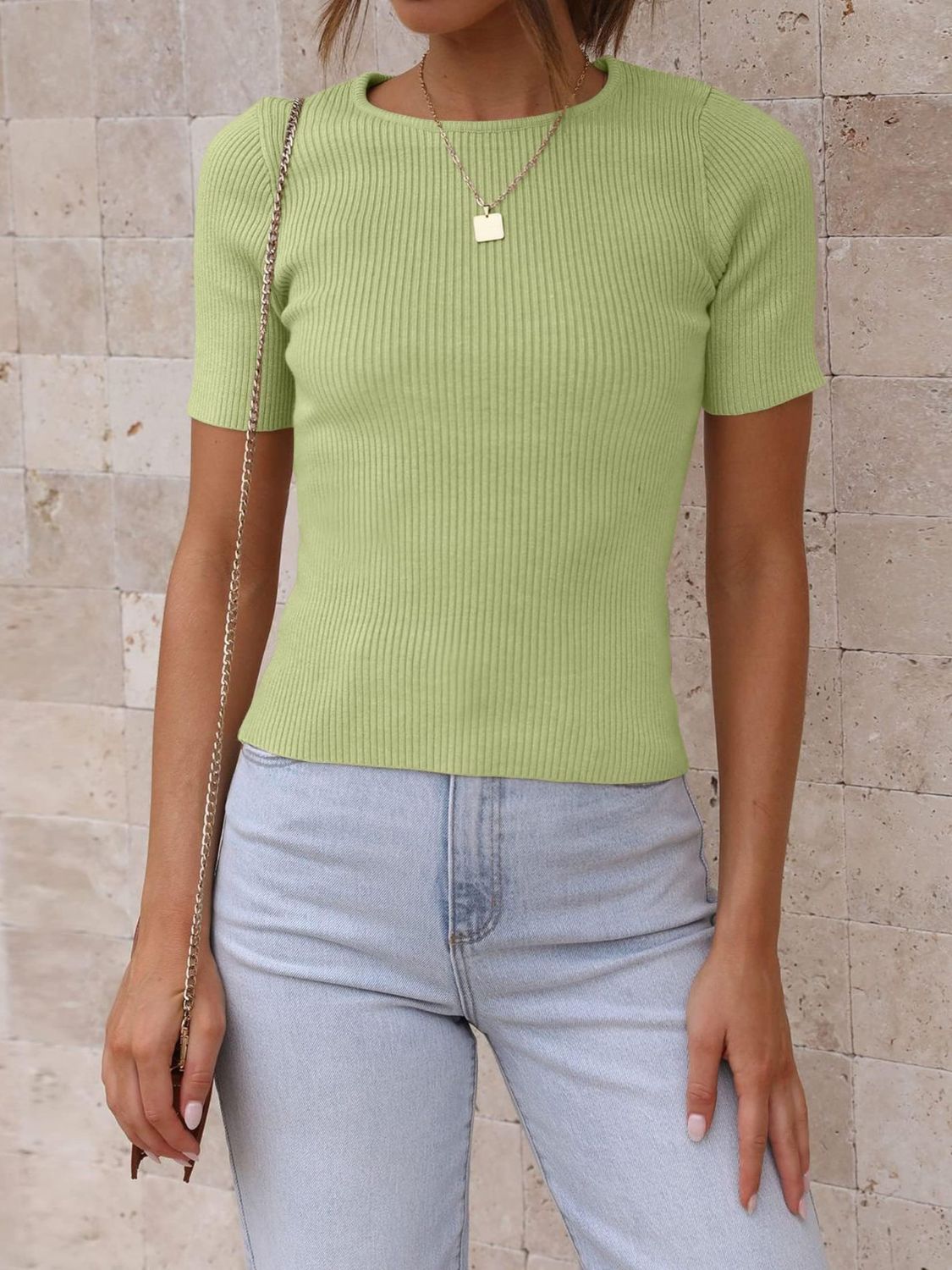 LIZAKOSHT  -  Ribbed Round Neck Short Sleeve Knit Top