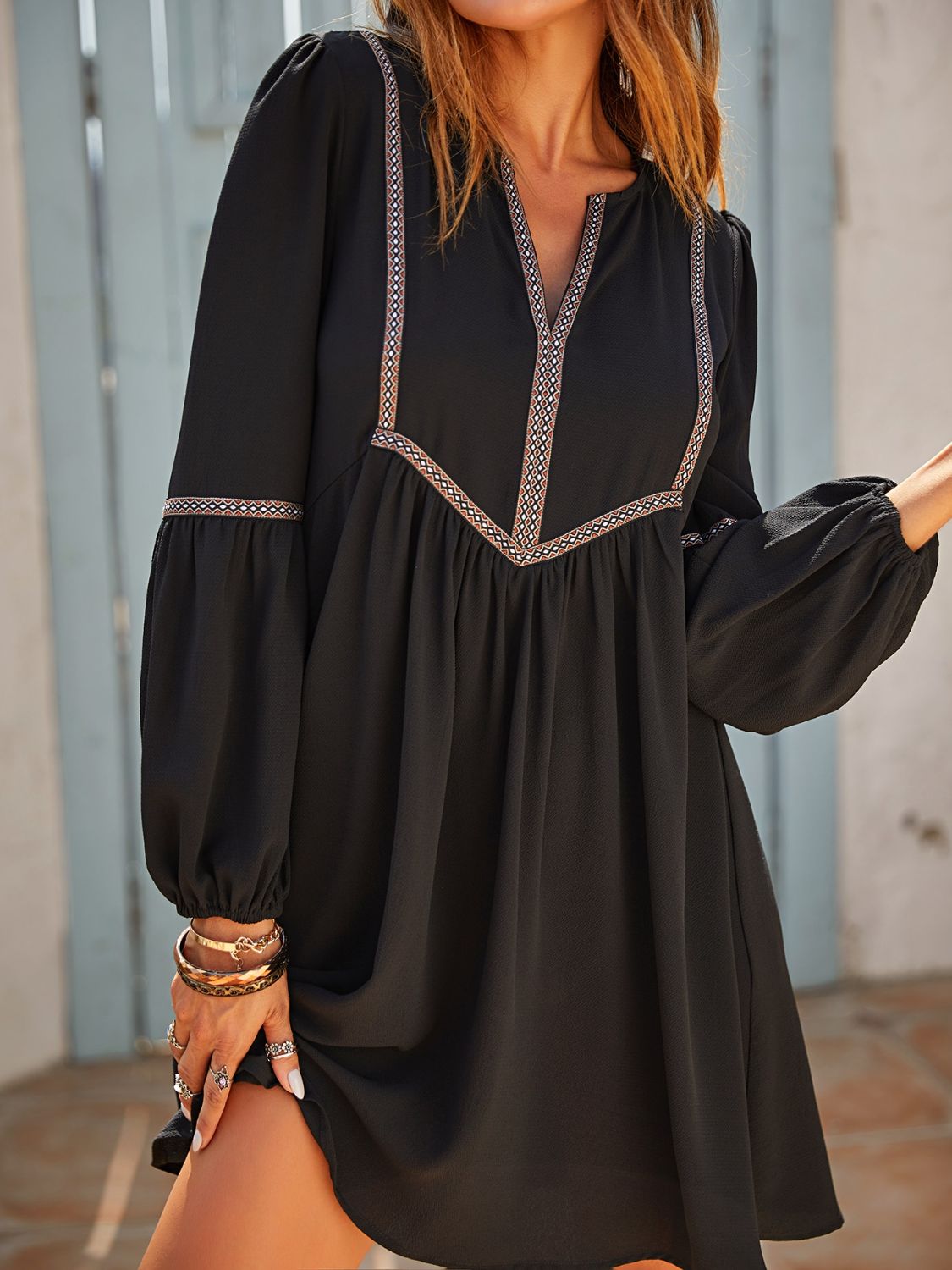 LIZAKOSHT  -  Ruched Notched Long Sleeve Mini Dress