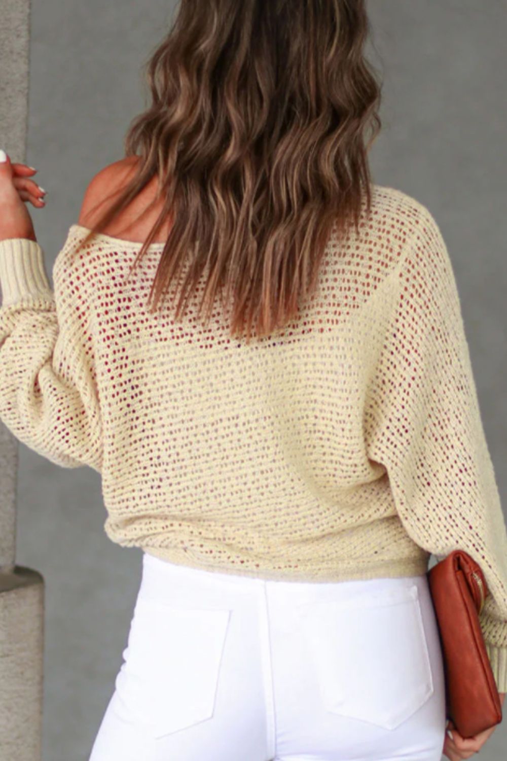 LIZAKOSHT  -  Openwork Boat Neck Raglan Sleeve Knit Top