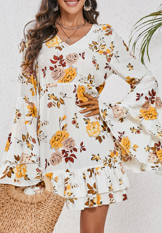 LIZAKOSHT  -  Printed V-Neck Flare Sleeve Mini Dress