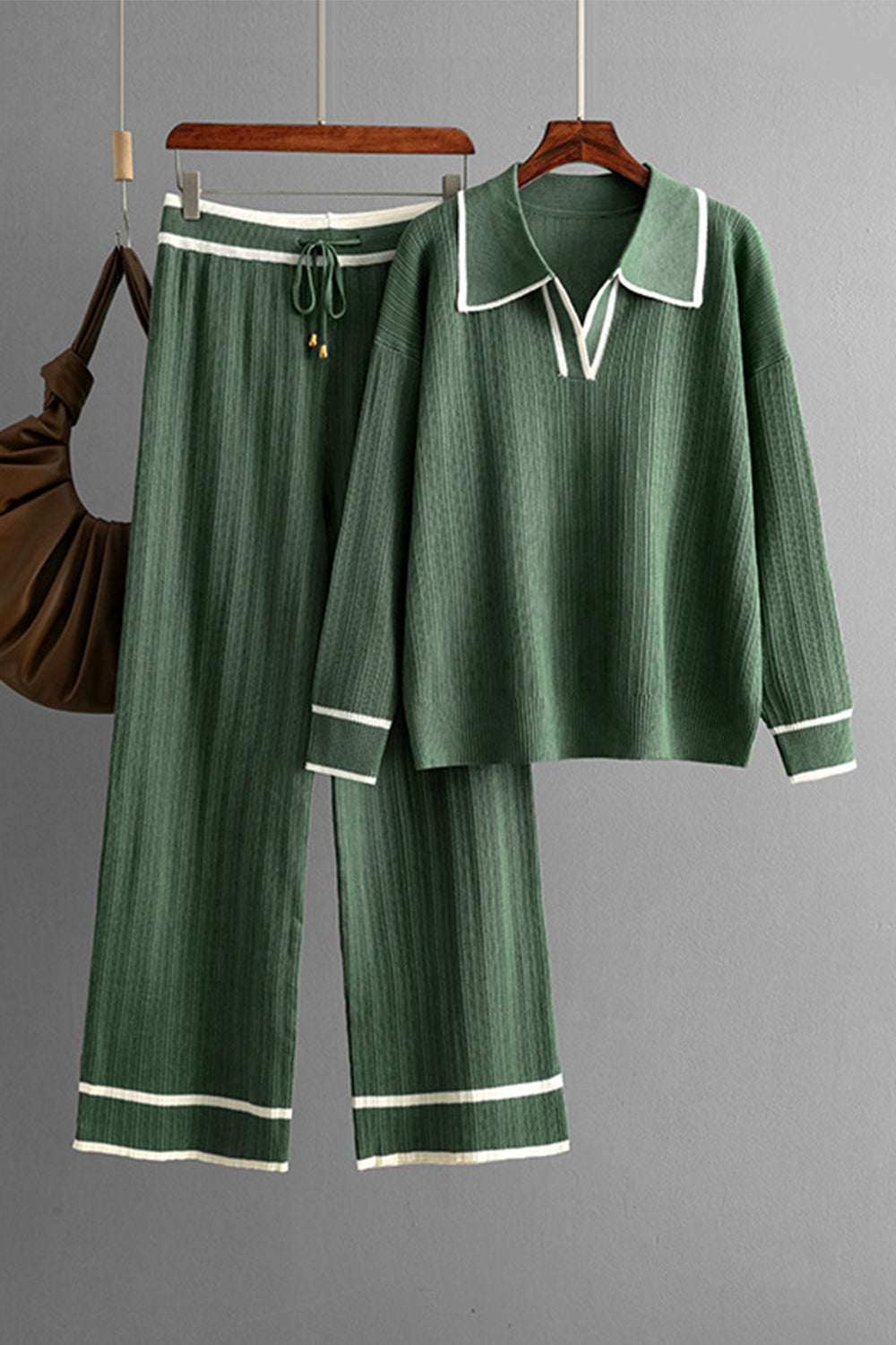 LIZAKOSHT  -  Contrast Trim Johnny Collar Top and Drawstring Pants Sweater Set