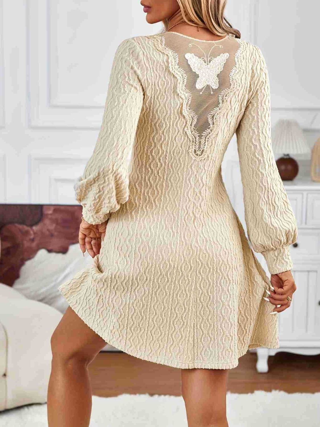 LIZAKOSHT  -  Lace Detail V-Neck Long Sleeve Dress