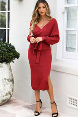 LIZAKOSHT  -  Surplice Neck Bow Waist Slit Sweater Dress