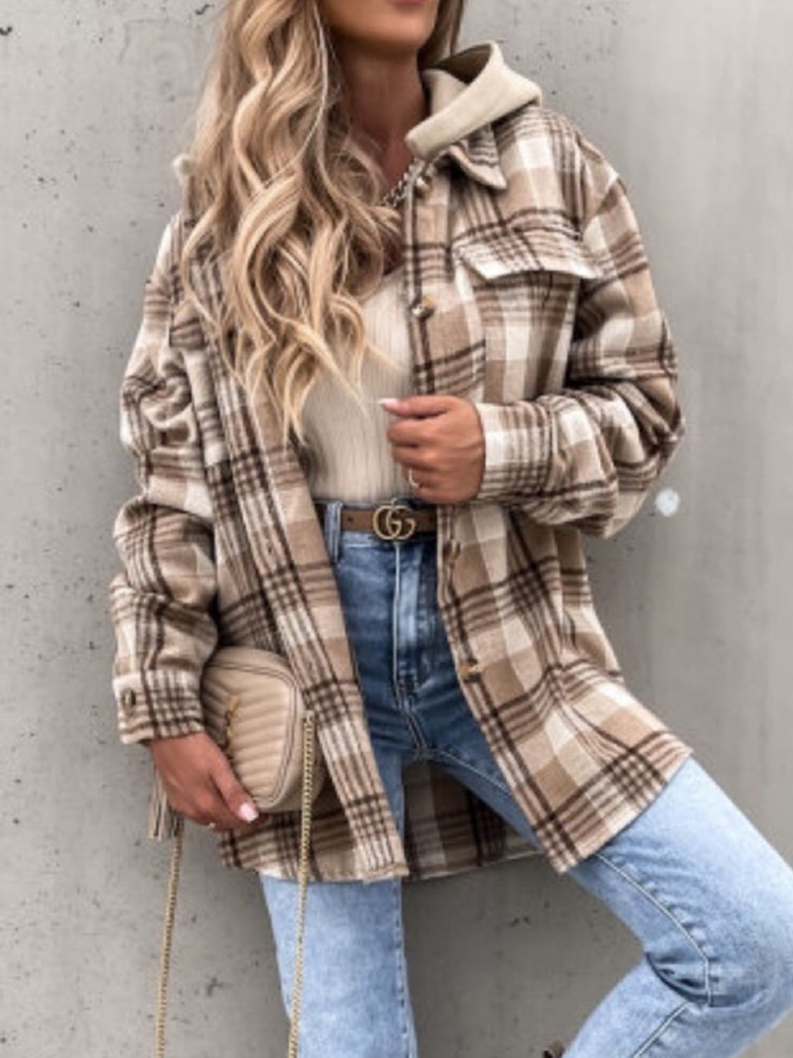 LIZAKOSHT  -  Plaid Button Up Jacket with Removable Hood