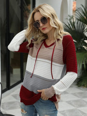 LIZAKOSHT  -  Drawstring Contrast Long Sleeve Hooded T-Shirt