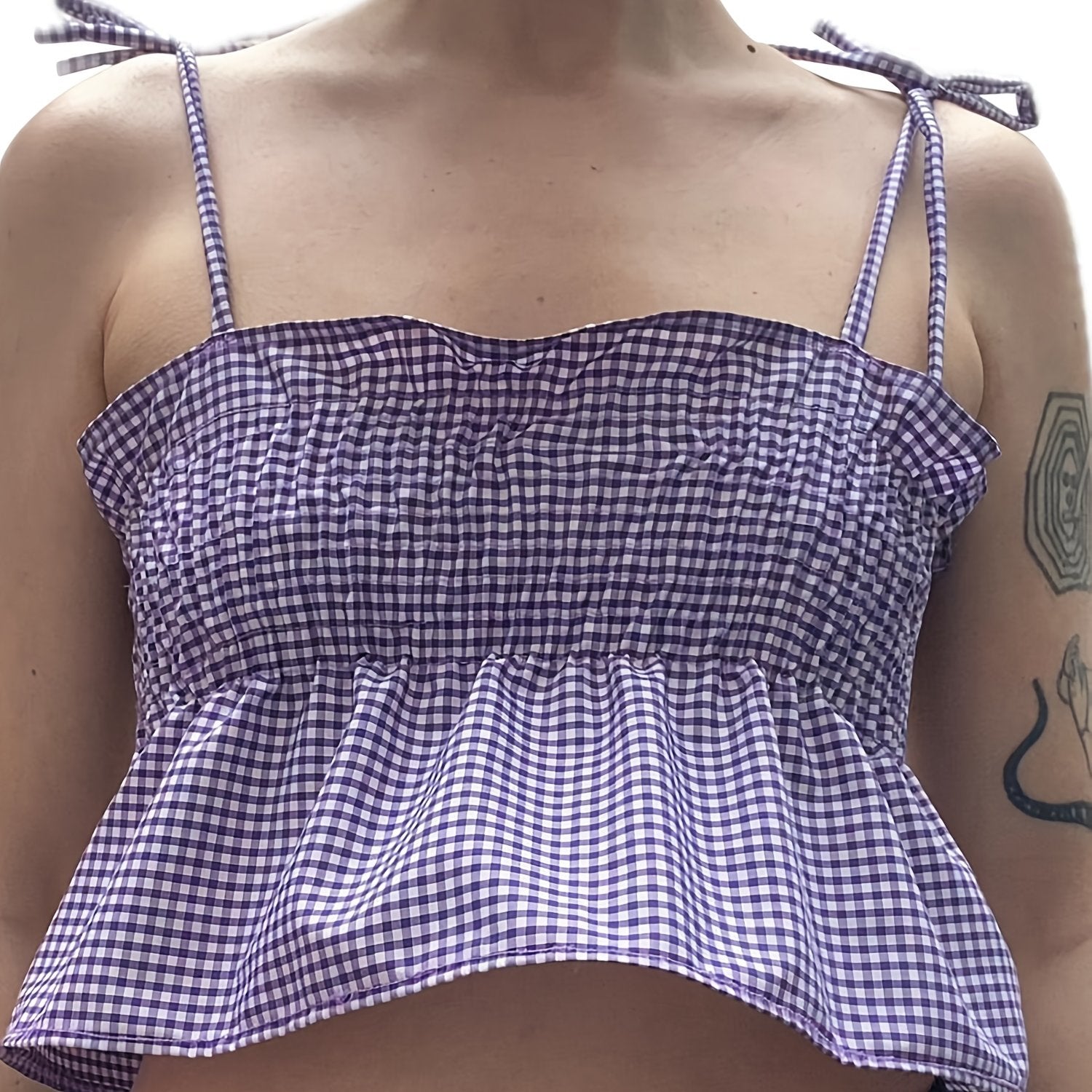 LIZAKOSHT  -  Y2K-Inspired Red & White Gingham Print Crop Camisole for Women - Sleeveless Tie-Strap Top with Ruffled Hem, Casual Streetwear & Clubwear, Machine Washable Polyester, Club Fashion Top | Offshoulder Camisole | Pol