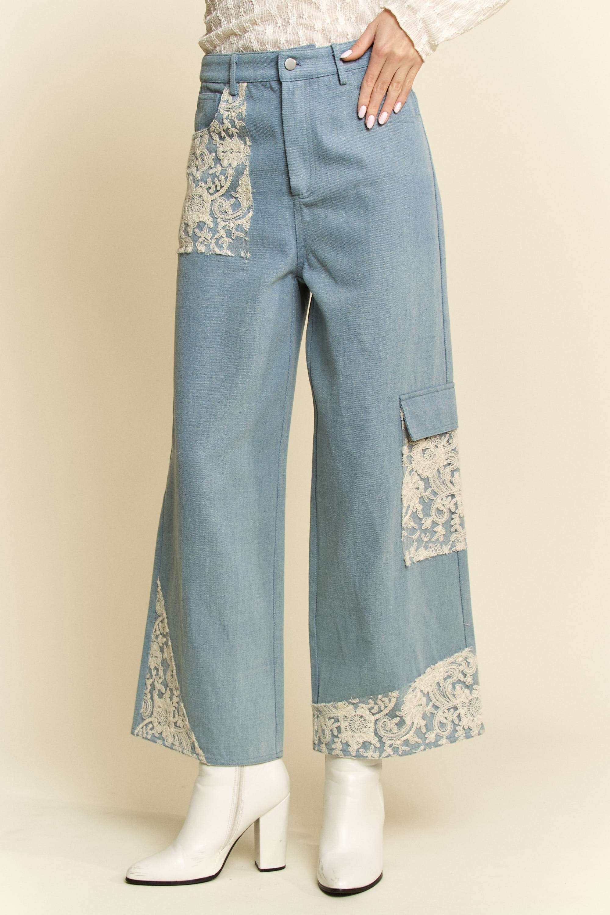 LIZAKOSHT  -  Davi & Dani Lace Applique Wide Leg Jeans