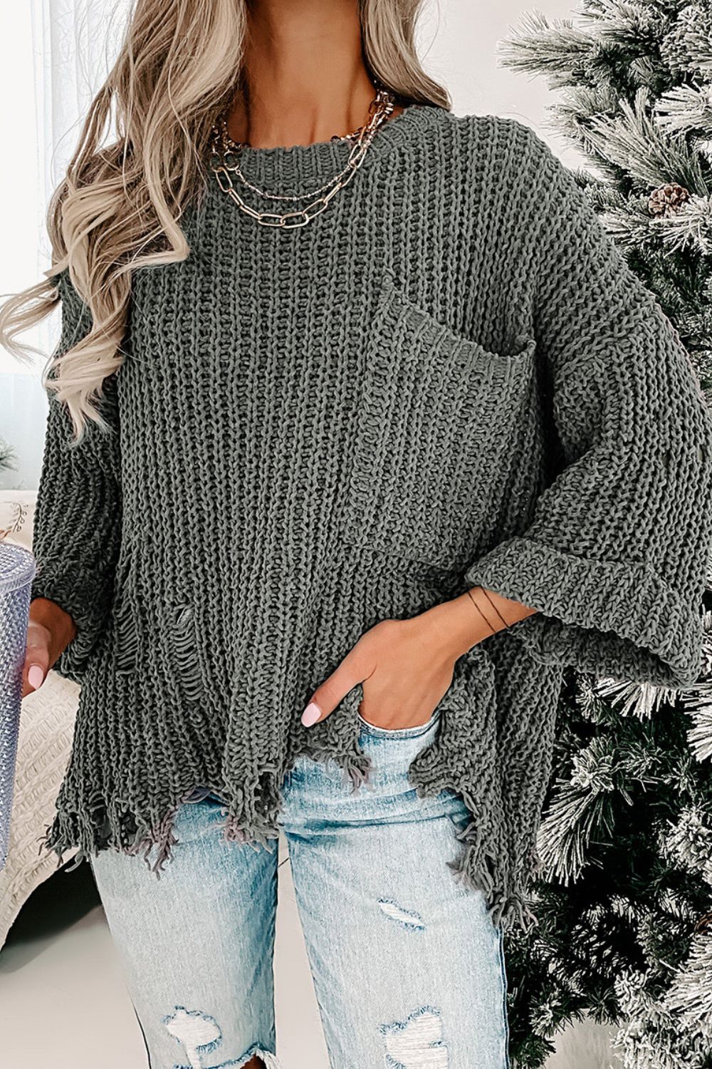 LIZAKOSHT  -  Distressed Round Neck Drop Shoulder Sweater