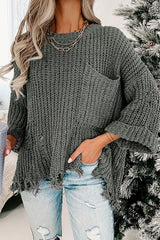LIZAKOSHT  -  Distressed Round Neck Drop Shoulder Sweater
