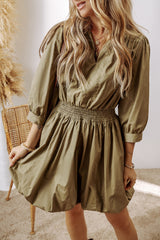 LIZAKOSHT  -  Smocked Johnny Collar Three-Quarter Sleeve Mini Dress