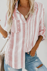 LIZAKOSHT  -  Striped Collared Neck Long Sleeve Shirt