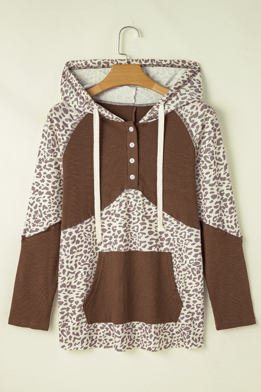 LIZAKOSHT  -  Leopard Ribbed Patchwork Drawstring Hoodie