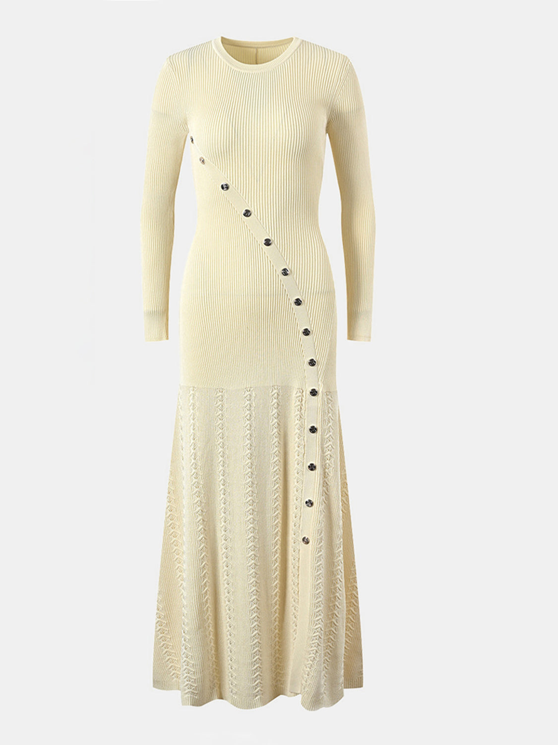 LIZAKOSHT  -  Openwork Round Neck Long Sleeve Sweater Dress