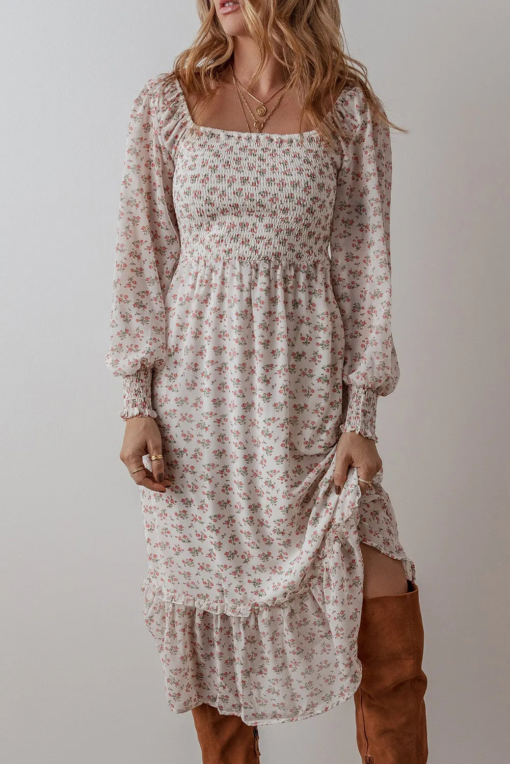 LIZAKOSHT  -  Smocked Floral Square Neck Long Sleeve Midi Dress