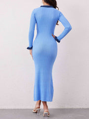 LIZAKOSHT  -  Contrast Trim Round Neck Long Sleeve Sweater Dress