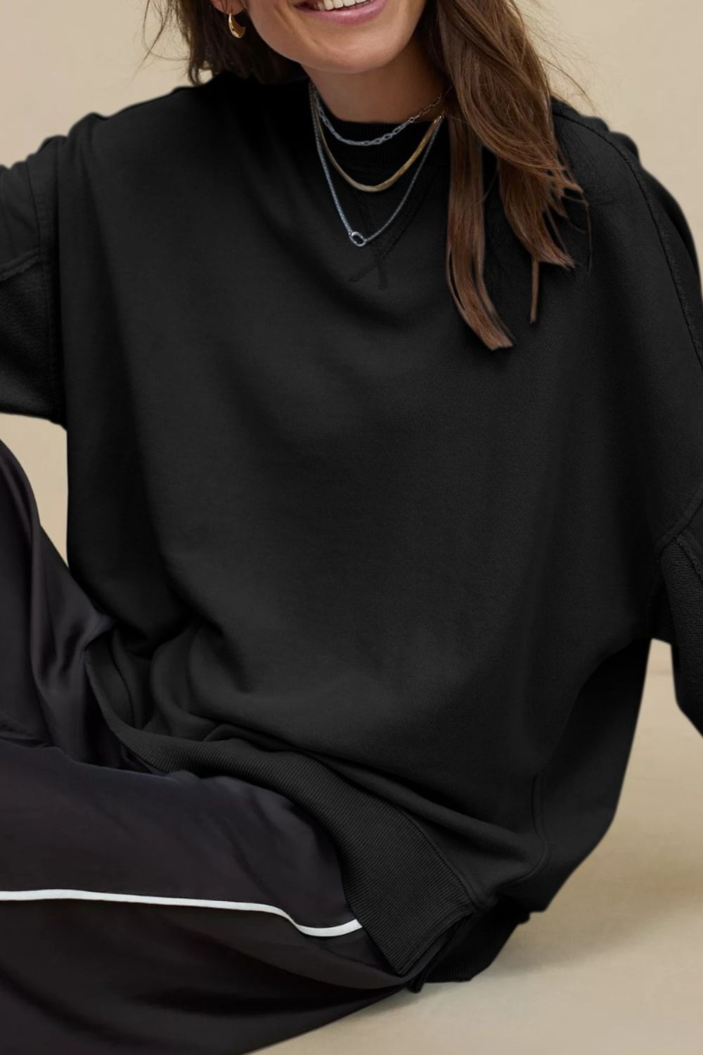LIZAKOSHT  -  Side Slit Round Neck Long Sleeve Sweatshirt