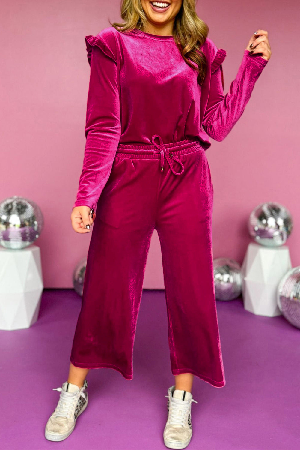 LIZAKOSHT  -  Frill Round Neck Long Sleeve Top and Pants Set