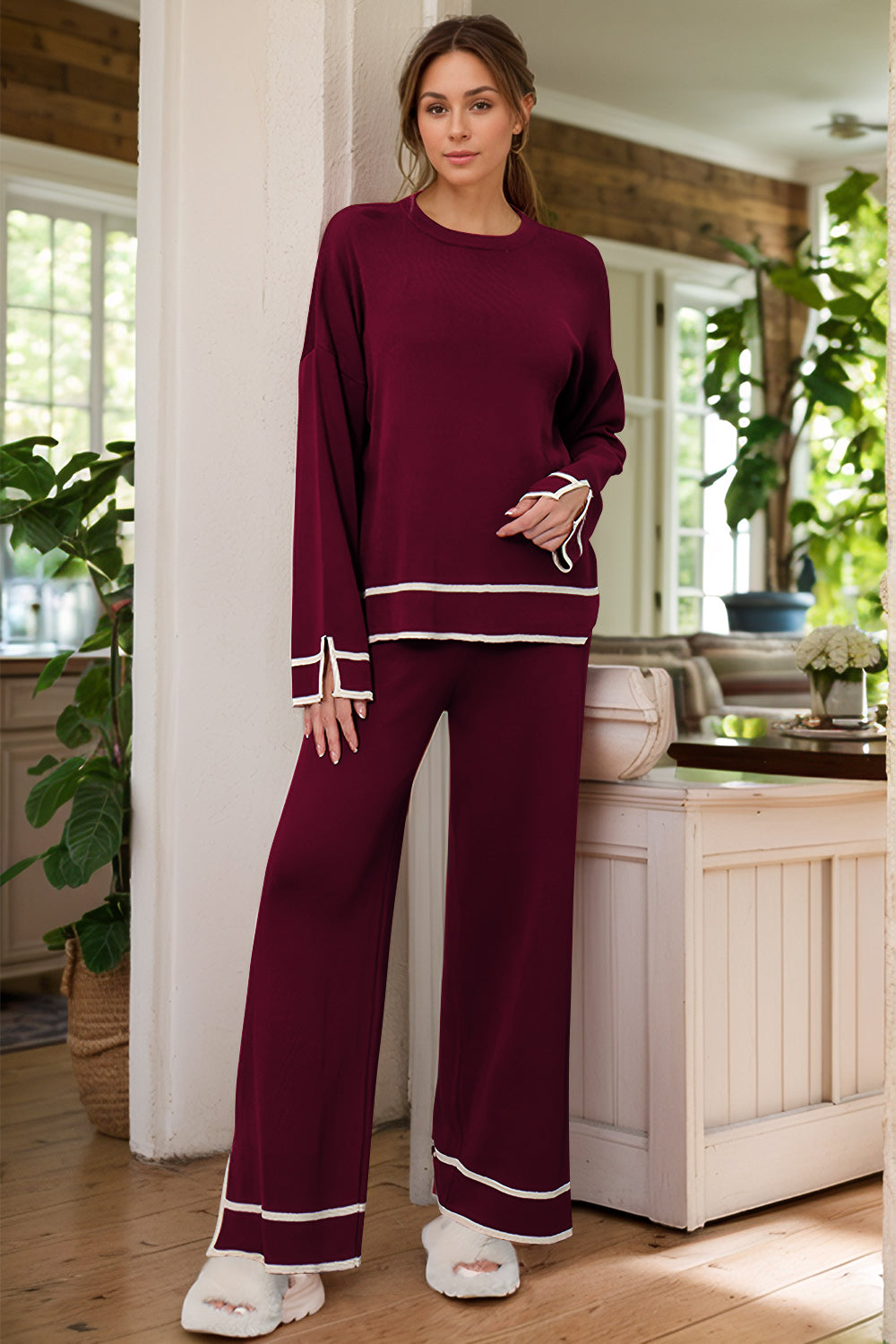 LIZAKOSHT  -  High-Low Round Neck Top and Pants Sweater Set