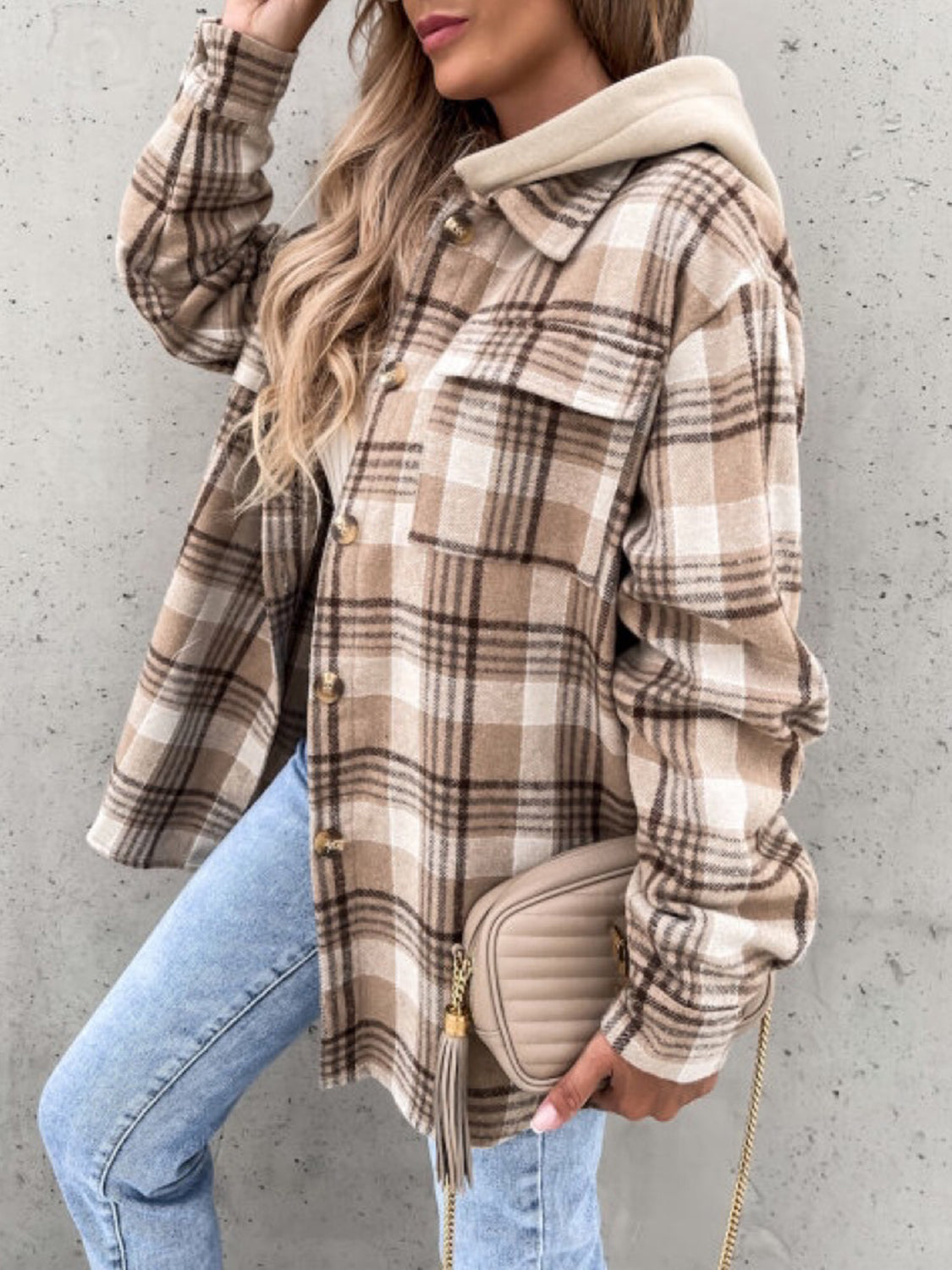 LIZAKOSHT  -  Plaid Button Up Jacket with Removable Hood