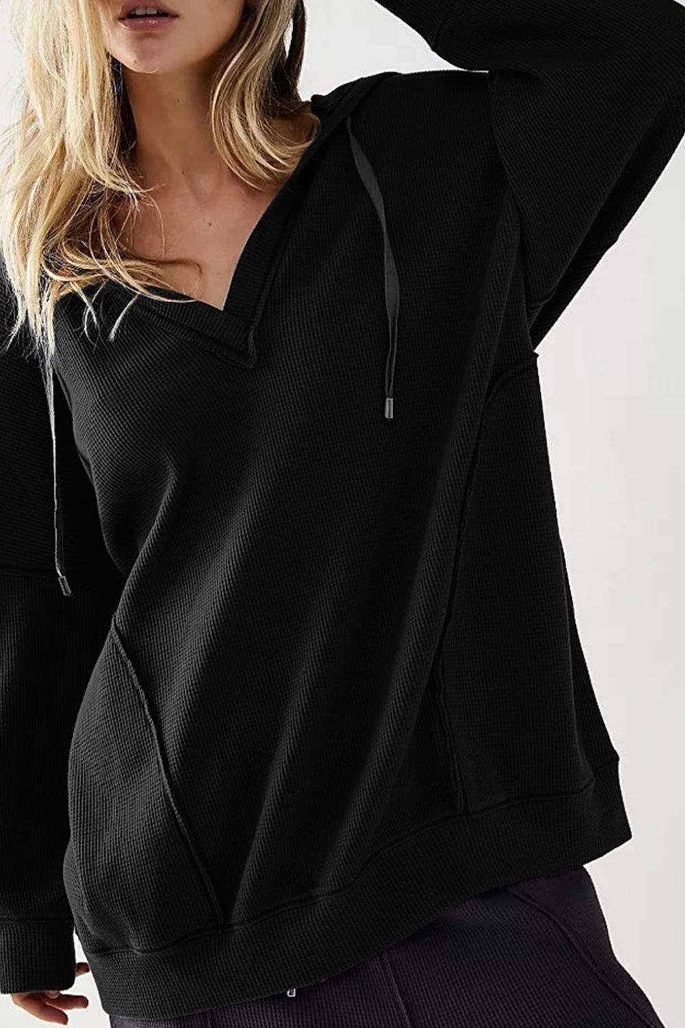 LIZAKOSHT  -  Exposed Seam Drawstring Long Sleeve Hoodie