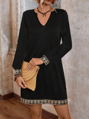 LIZAKOSHT  -  Embroidered Notched Long Sleeve Mini Dress