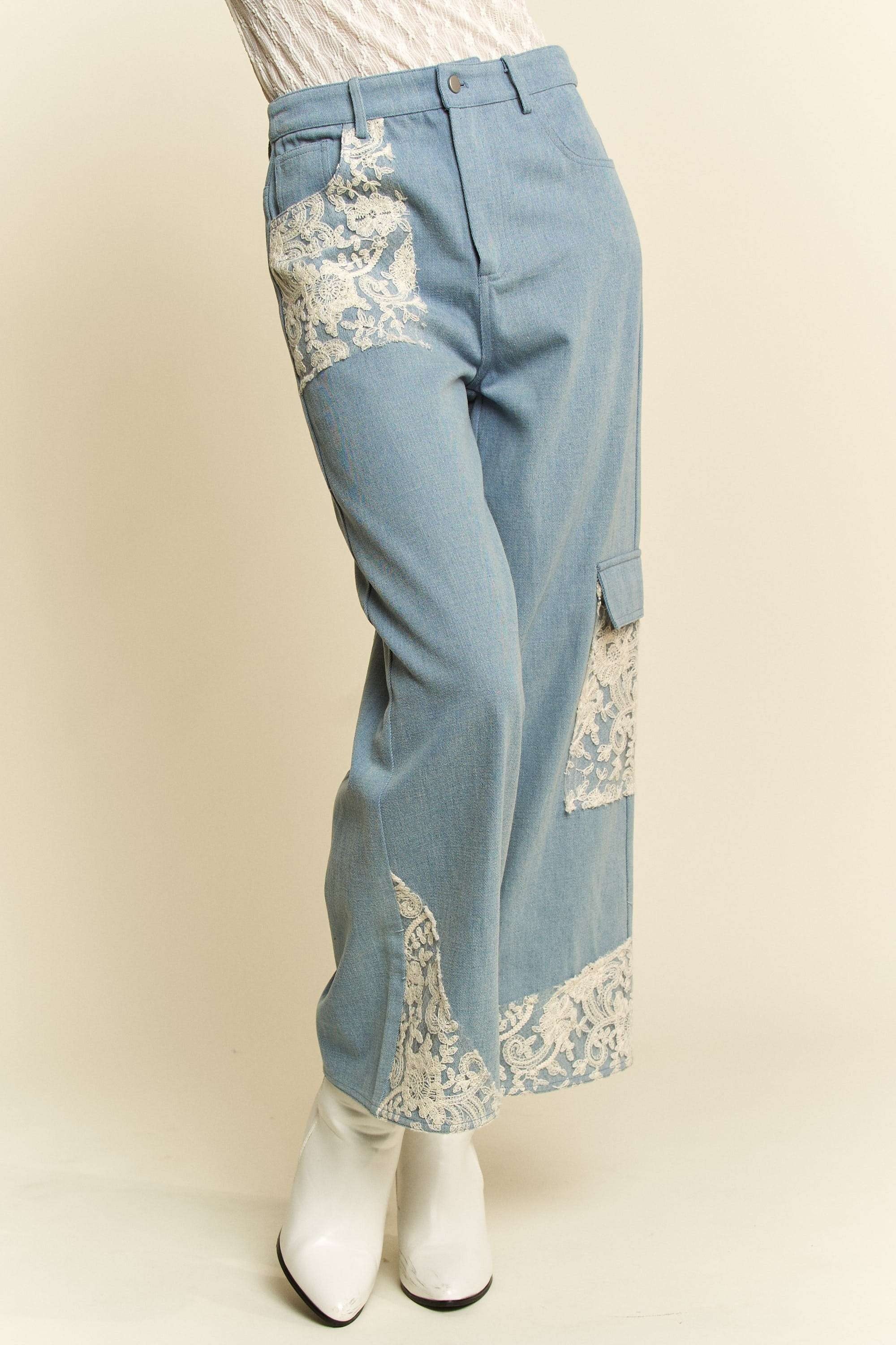LIZAKOSHT  -  Davi & Dani Lace Applique Wide Leg Jeans
