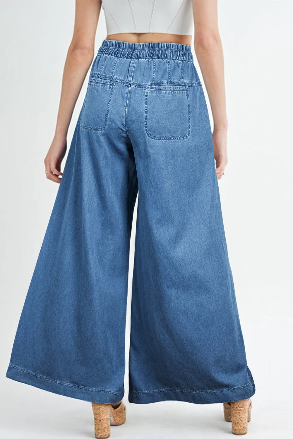 LIZAKOSHT  -  Drawstring Elastic Waist Wide Leg Jeans