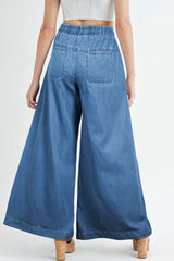 LIZAKOSHT  -  Drawstring Elastic Waist Wide Leg Jeans
