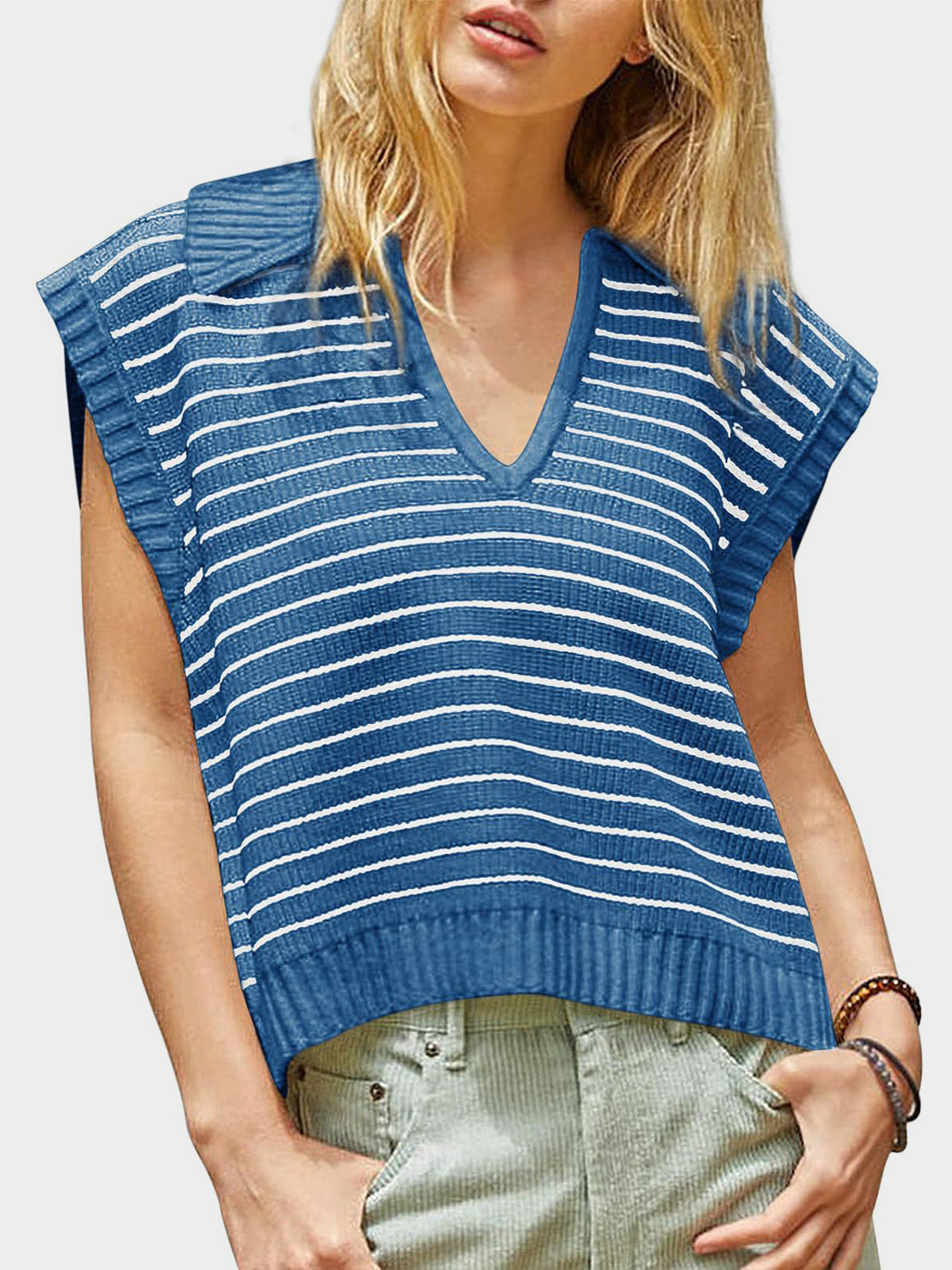 LIZAKOSHT  -  Mandy Collared Neck Striped Sweater Vest