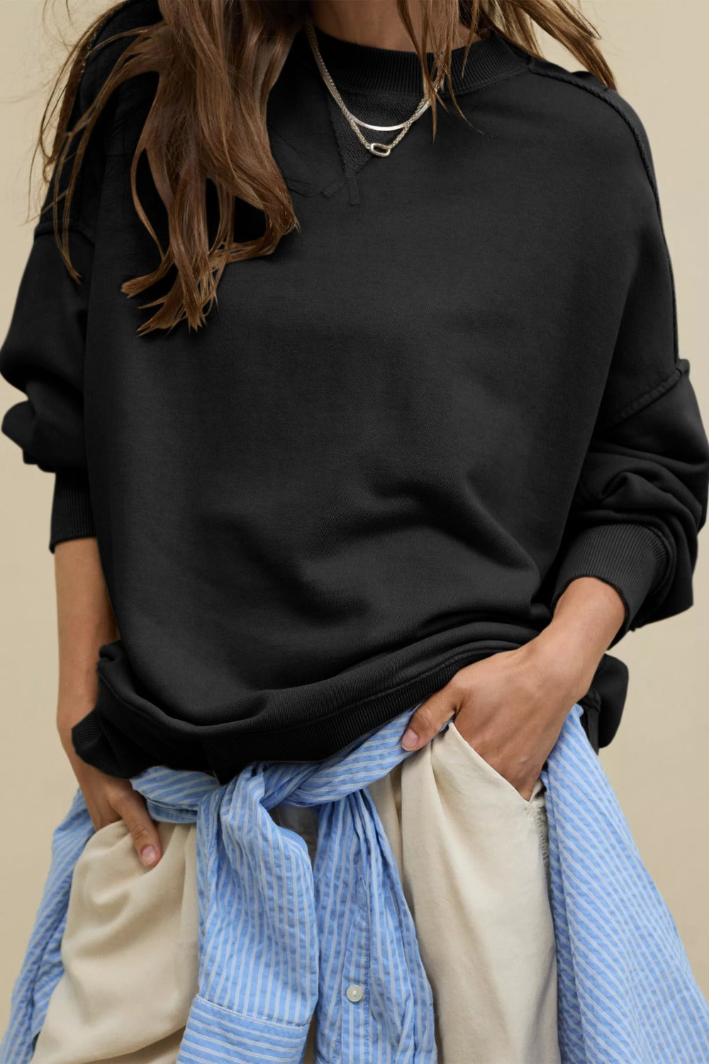 LIZAKOSHT  -  Side Slit Round Neck Long Sleeve Sweatshirt