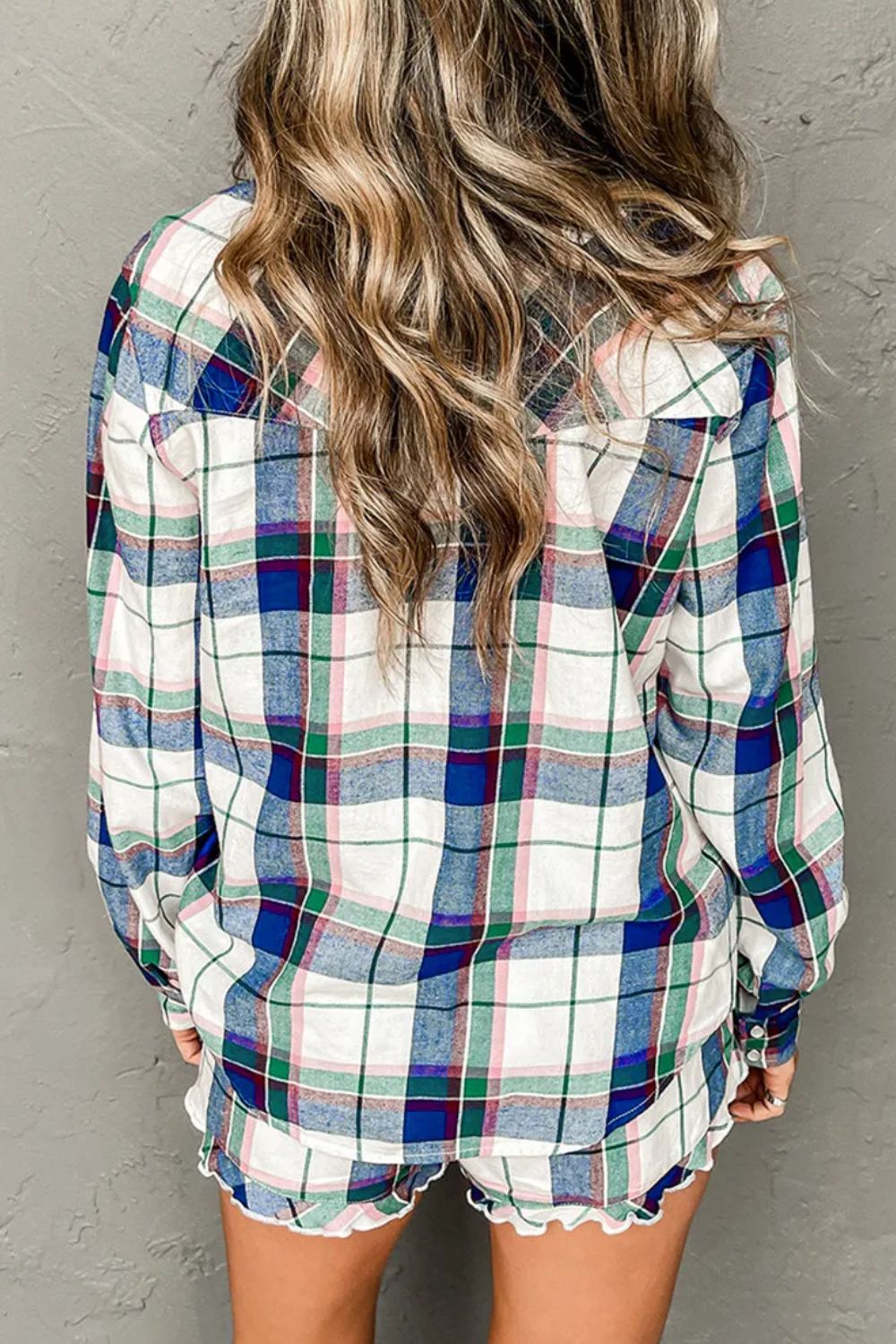 LIZAKOSHT  -  Plaid Snap Down Long Sleeve Top and Shorts Lounge Set