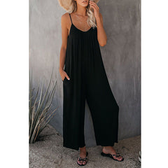 Women's Simple Adjustable Strap Sleeveless Wide Leg Jumpsuit with Pockets for Spring, Summer Clothes Women, Lady Breathable Solid Loose Cami Jumpsuit for Women, New Trendy Comfort Summer One-Piece, Matching Long Pants Playsuit, Womenswear Overalls