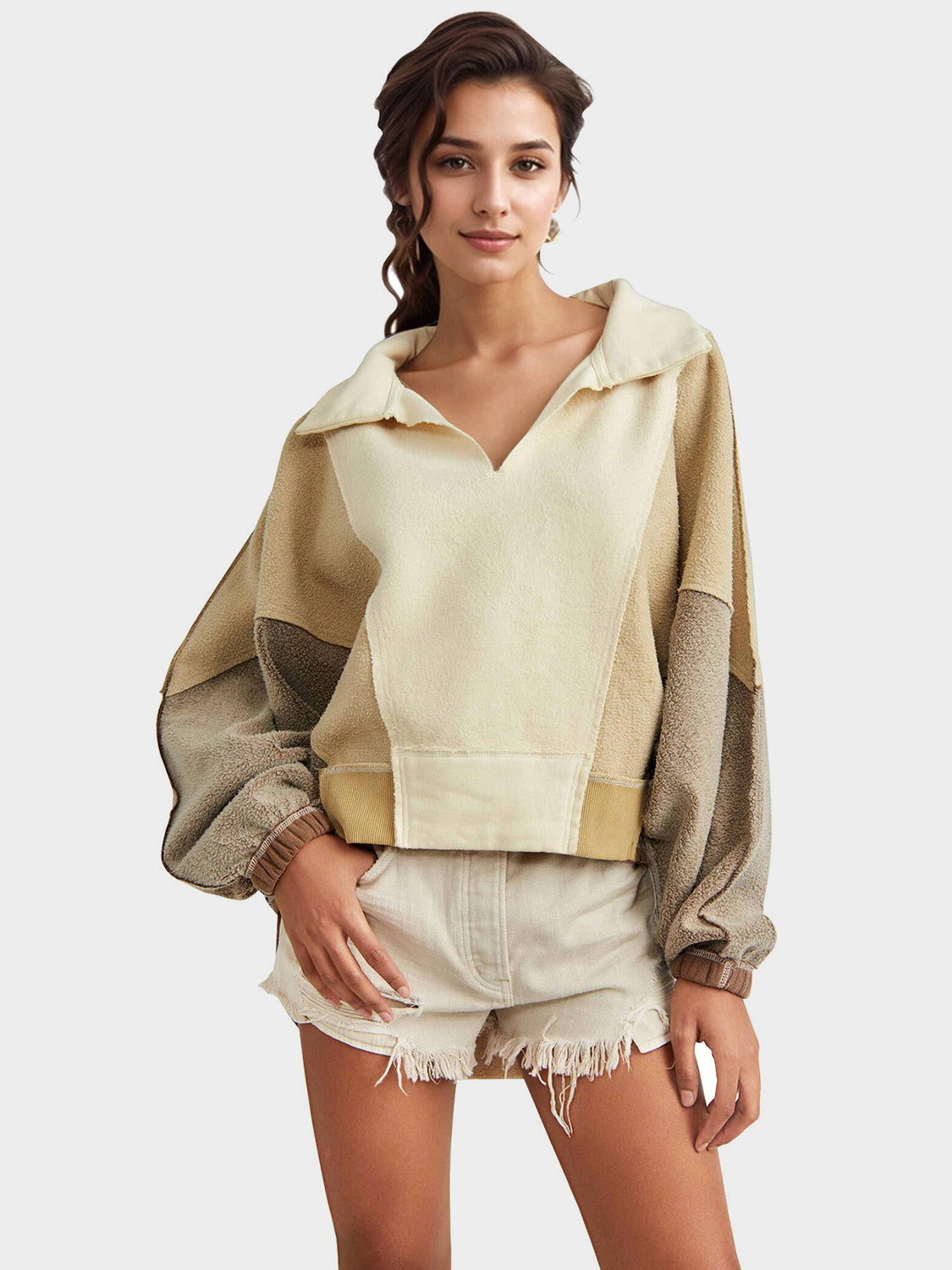 LIZAKOSHT  -  High-Low Exposed Seam Contrast Long Sleeve Sweatshirt