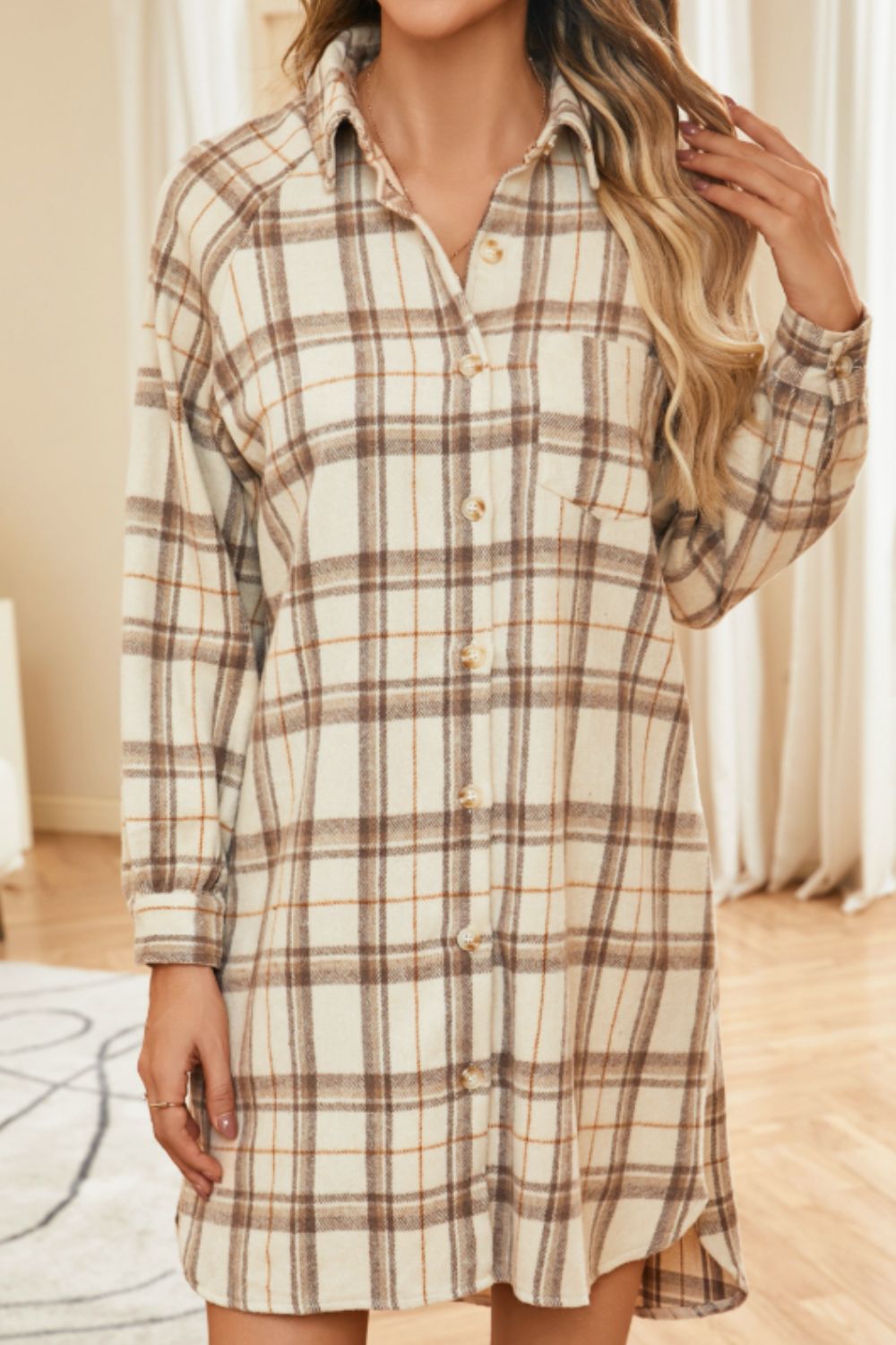 LIZAKOSHT  -  Plaid Collared Neck Long Sleeve Mini Shirt Dress