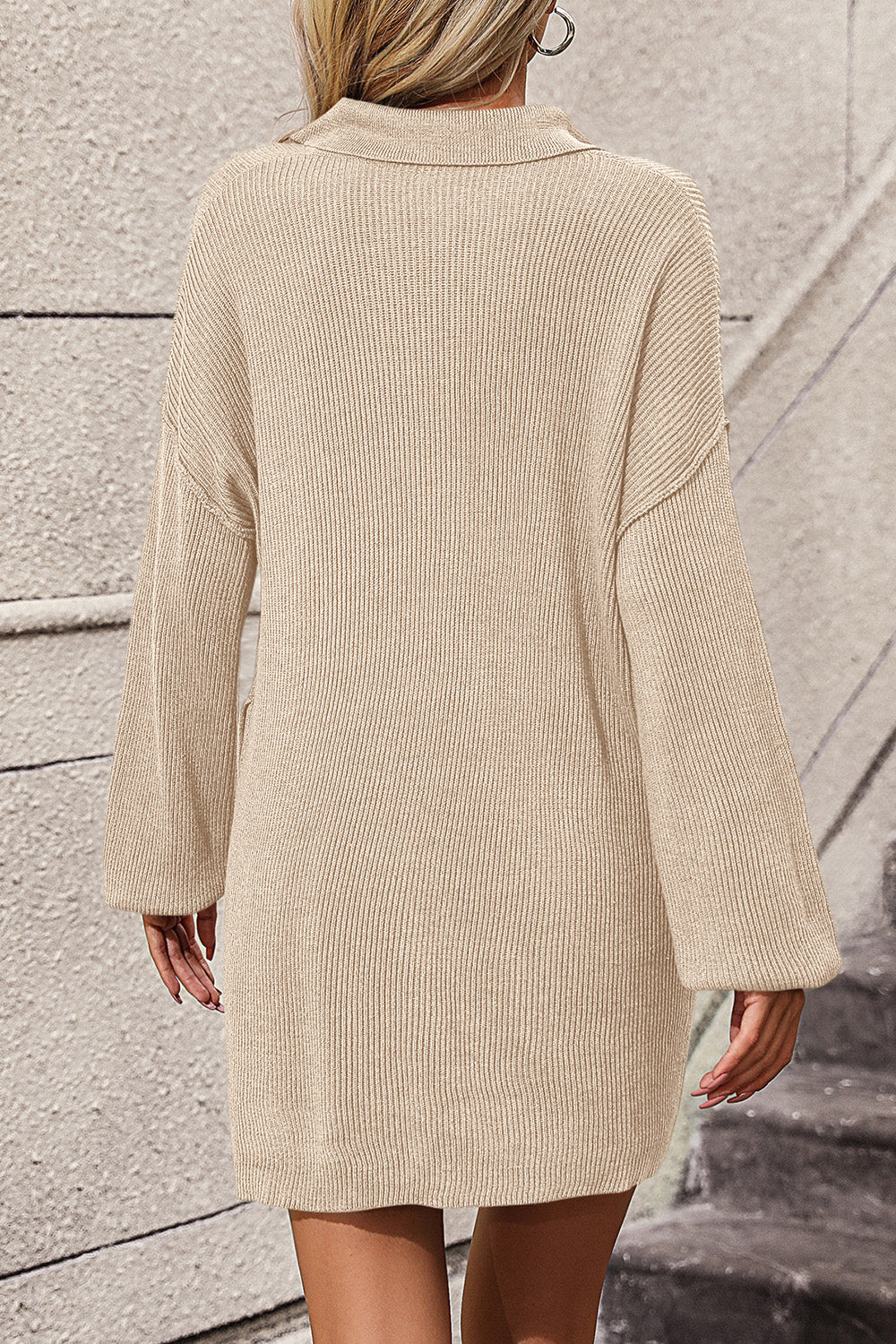 LIZAKOSHT  -  Collared Neck Long Sleeve Sweater Dress with Pockets
