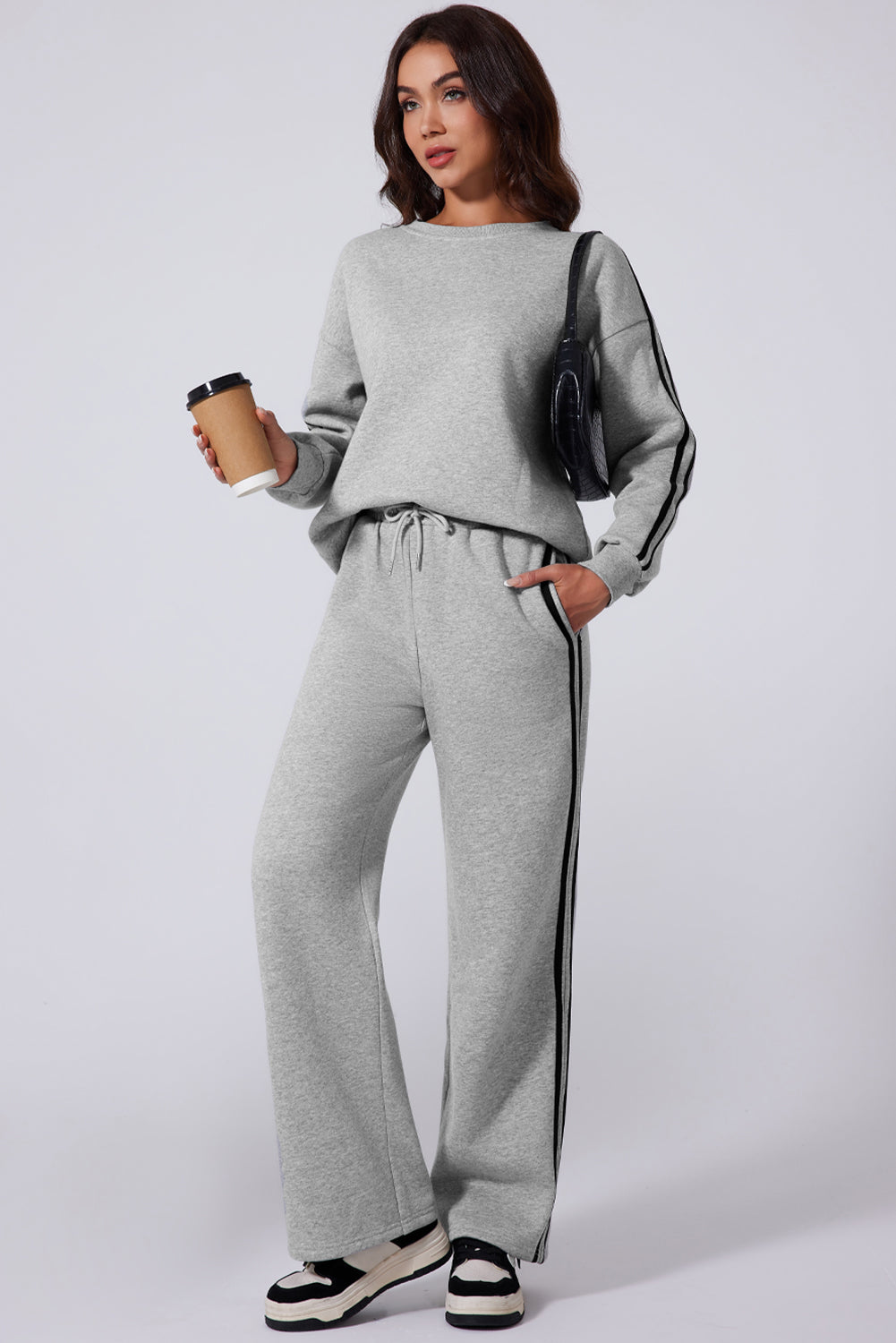 LIZAKOSHT  -  Side Striped Round Neck Top and Pants Active Set