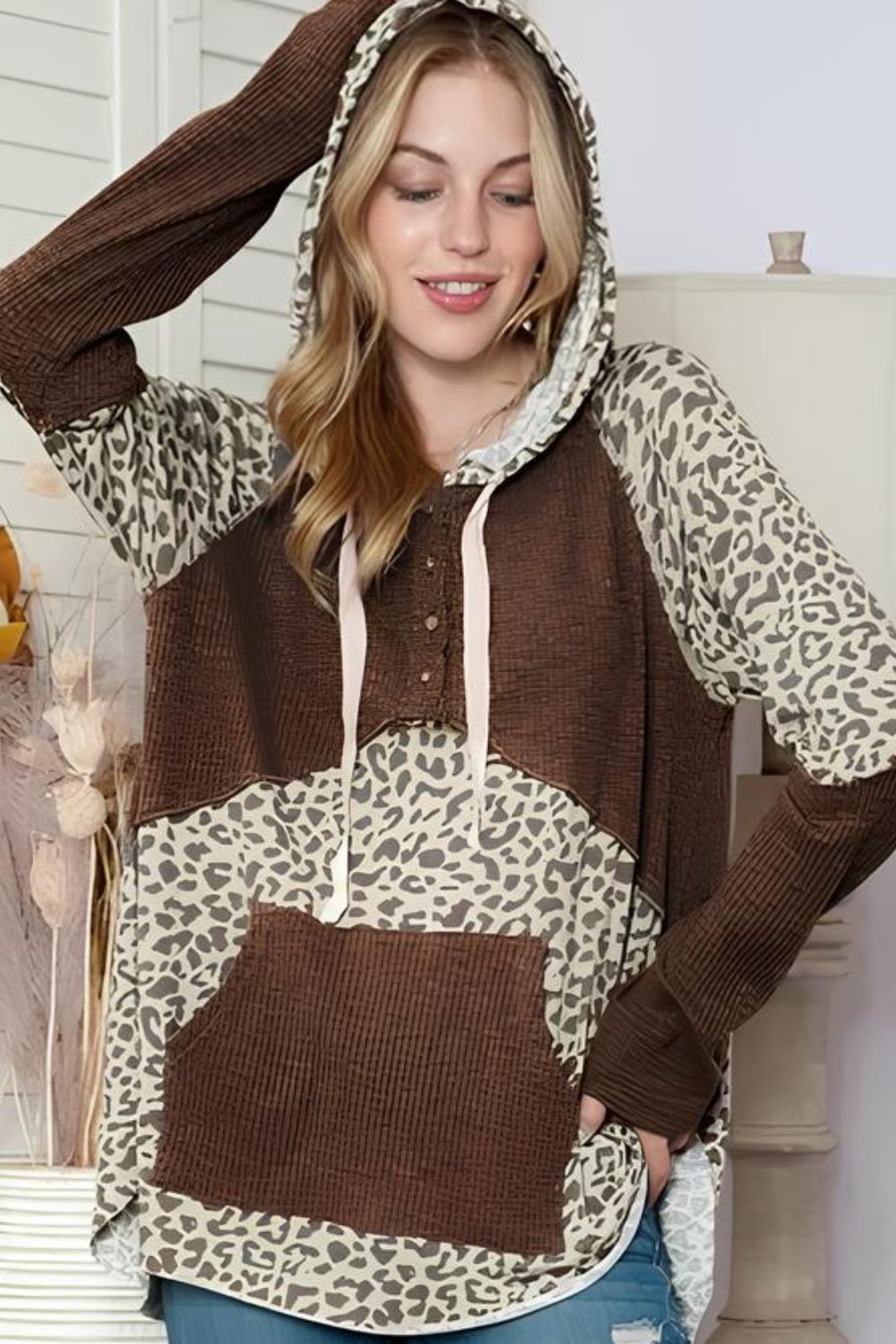 LIZAKOSHT  -  Leopard Ribbed Patchwork Drawstring Hoodie