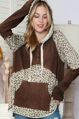 LIZAKOSHT  -  Leopard Ribbed Patchwork Drawstring Hoodie