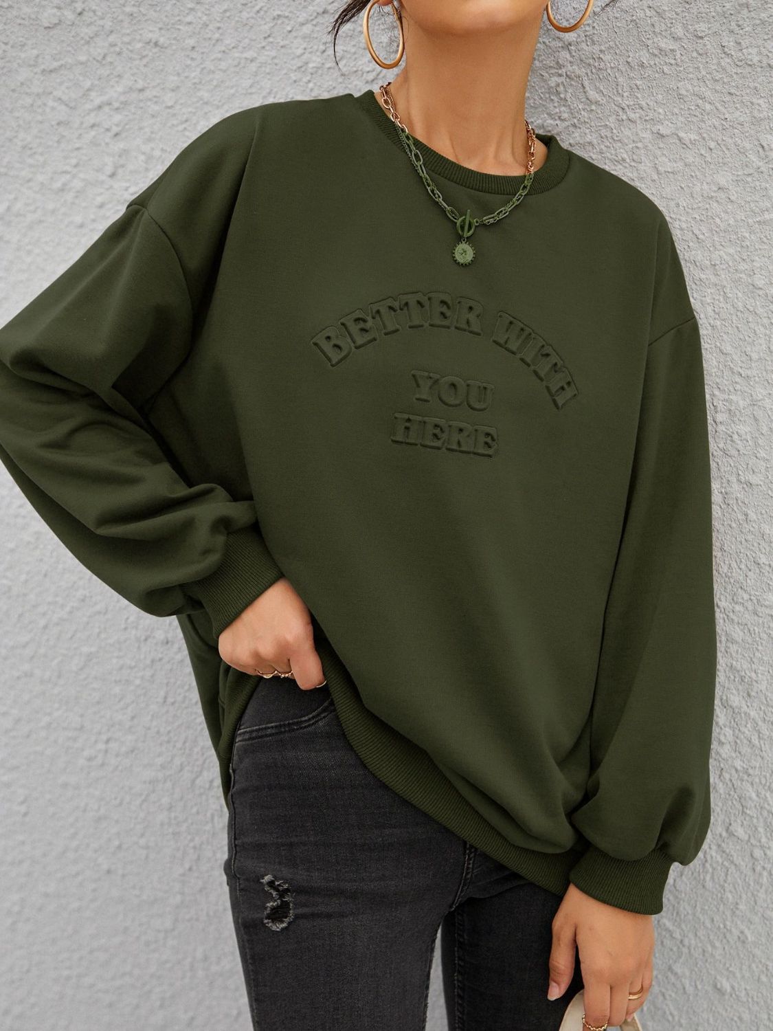 LIZAKOSHT  -  Stereoscopic Letter Round Neck Long Sleeve Sweatshirt