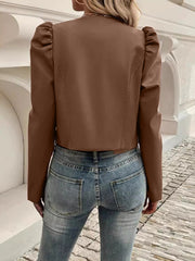 LIZAKOSHT  -  PU Leather Open Front Puff Sleeve Jacket
