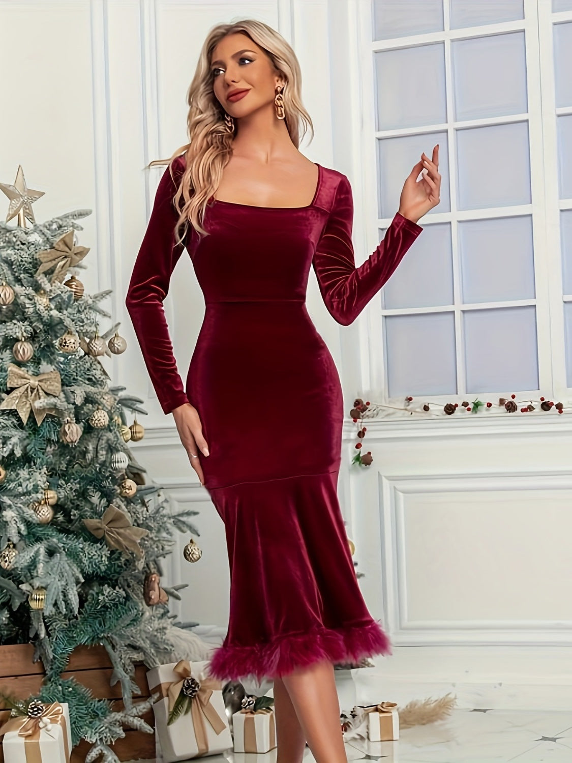 LIZAKOSHT  -  Plush Hem Square Neck Long Sleeve Dress