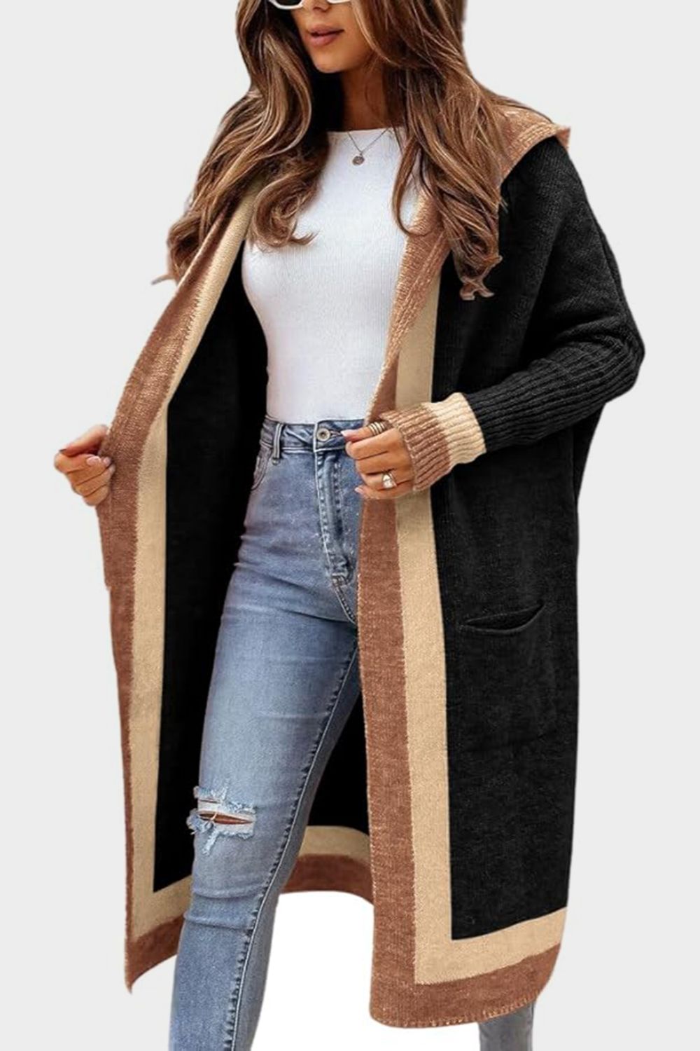 LIZAKOSHT  -  Pocketed Contrast Long Sleeve Hooded Cardigan