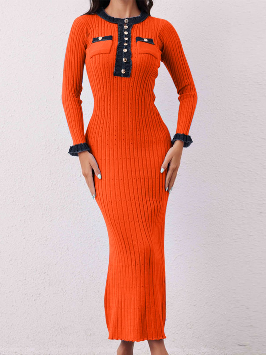 LIZAKOSHT  -  Contrast Trim Round Neck Long Sleeve Sweater Dress