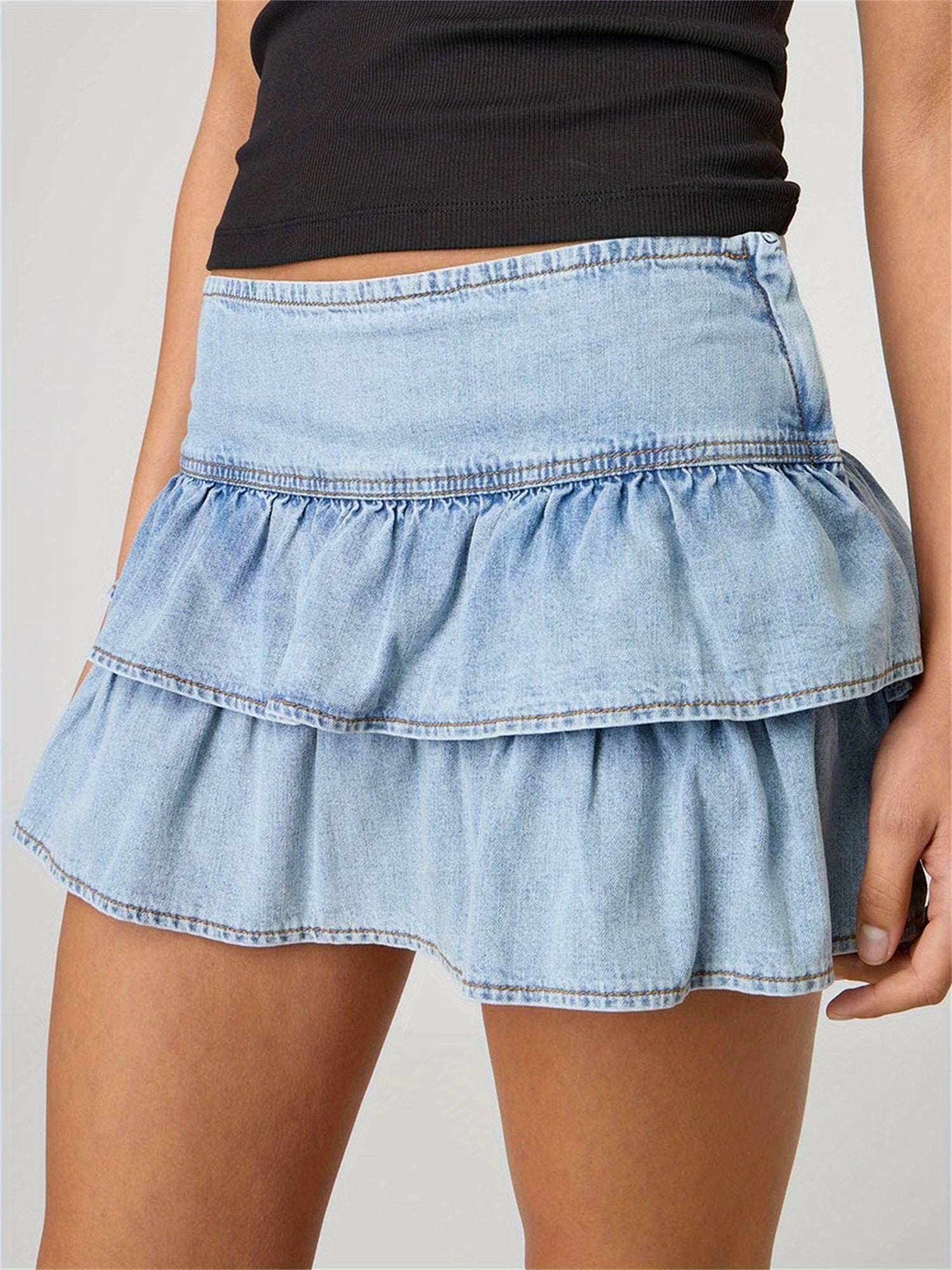 LIZAKOSHT  -  Women's Y2K-Inspired Low-Rise Ruffle Denim Mini Skirt - A-Line Cut, Light Wash Blue, Casual Tiered Hem, Machine Washable, Perfect for Spring/Summer, Spring Fashion | Tiered Hem Skirt | Polyester Denim, Denim Ski