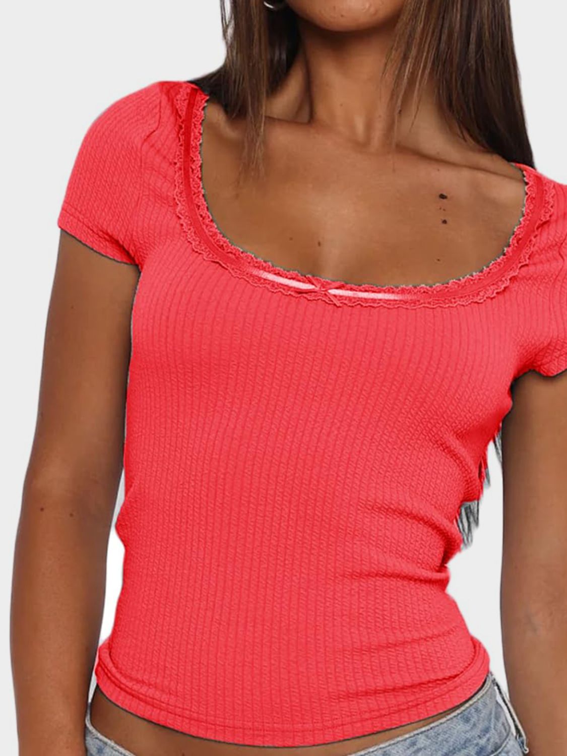 LIZAKOSHT  -  Lace Detail Scoop Neck Short Sleeve T-Shirt