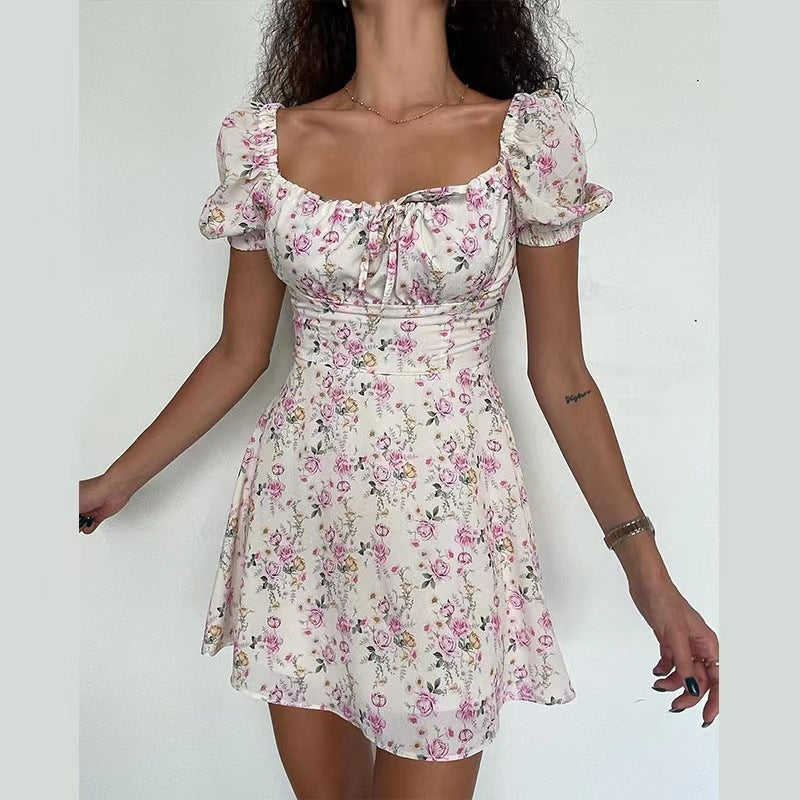 LIZAKOSHT  -  Women Boho Dress Short Sleeve Flower Print Lacing Sundress Summer A-line Dress Vacation Holiday Outfit Female Clothes Streetwear