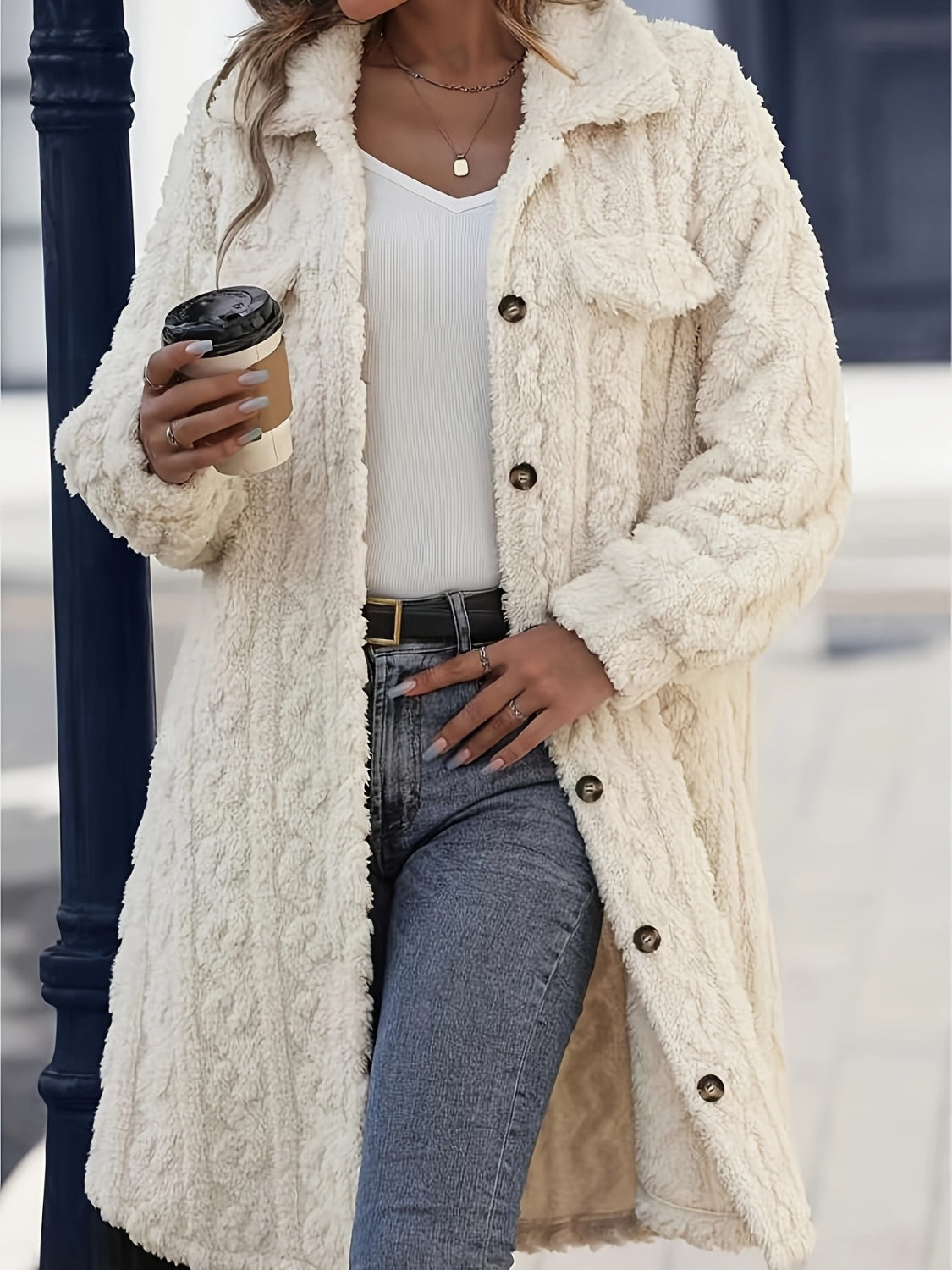 LIZAKOSHT  -  Fuzzy Button Up Long Sleeve Longline Coat